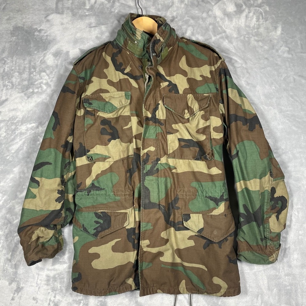 Alpha Industries M-65 Field Jacket Woodland Camo Military Coat Small Long 1986